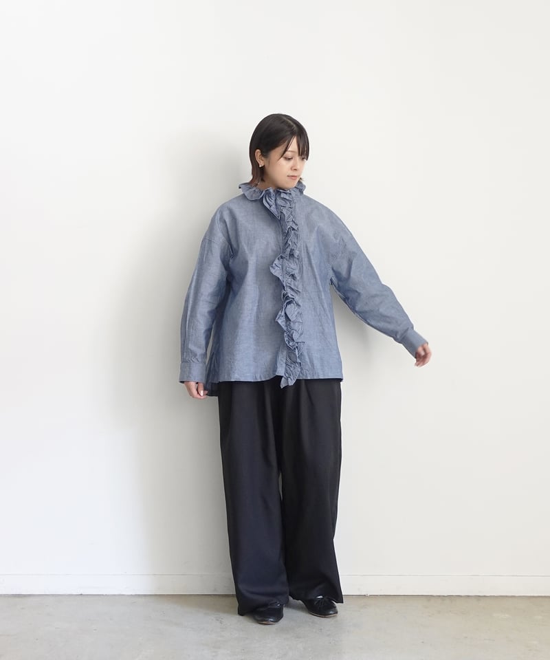 インゲボルグ襟取り外し可ダンガリーチュニック i c h i 250409 Cotton Dungaree Frill Shirt / C