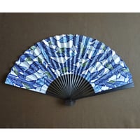 和紙扇子「芭蕉」グリーン入り/扇子袋水色
