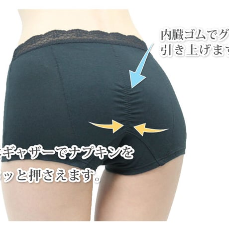 サニタリーショーツ 夜用 ヒップ防水 綿素材 羽つきロングナプキン対応 NO35ウエストレースタイプ