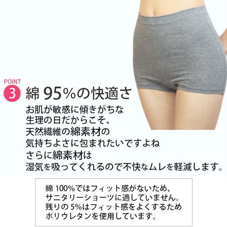 サニタリーショーツ 夜用 すっぽり深履き ヒップ防水  羽つきロングナプキン対応 綿素材 NO58グレー