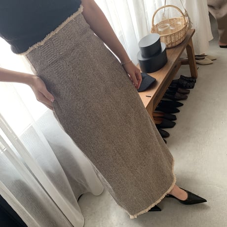 [original] herringbone fringe long skirt (2color)