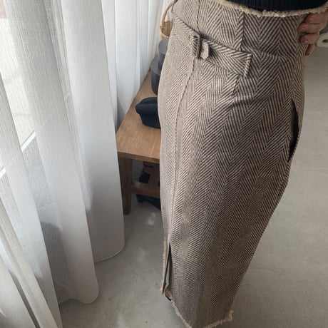 [original] herringbone fringe long skirt (2color)