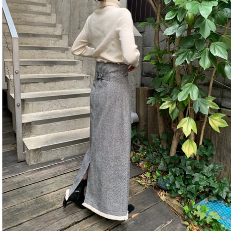 [original] herringbone fringe long skirt (2color)