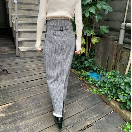 [original] herringbone fringe long skirt (2color)
