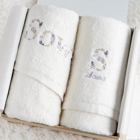 出産祝い ギフトセット 刺繍 名入れ 男の子 女の子 オーガニックコットン名前入りバスタオル2枚セット・FLOWERS・リュエール