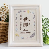 お七夜 名前旗  刺繍 命名書 フレーム入り フラワーピクニック（リネンコットン生地）