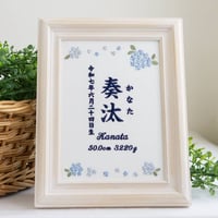 命名書 お七夜 命名紙 刺繍 フレーム入り オルタンシア・ブルー（ホワイト生地）