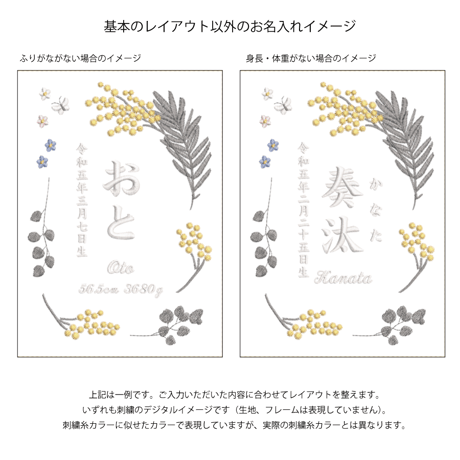 お七夜 命名式 刺繍 命名書 フレーム入り｜アンティークミモザ（リネンコットン生地）