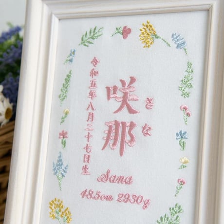 命名書 お七夜 命名式 フレーム入り フラワーピクニック・ピンク（ホワイト生地）