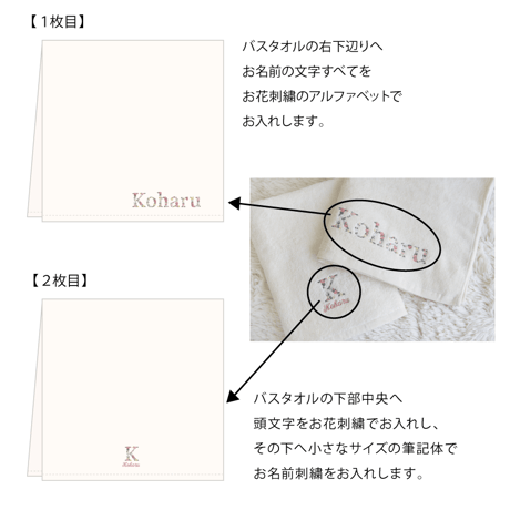 出産祝い 女の子 ギフトセット 名入れ刺繍 オーガニックコットン名前入りバスタオル2枚セット・FLOWERS・グレージュピンク