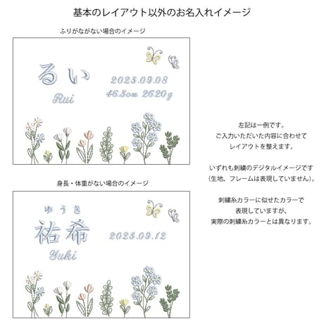 お七夜 名前旗 刺繍 命名書 フレーム入り フラワーガーデン・ブルー（ホワイト生地）