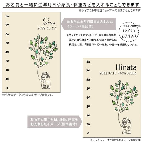 出産祝いのギフトセット 身長計付き名前入りブランケット ツリーハウス・ナチュラルとオーガニックコットン名前入りバスタオル・FLOWERS