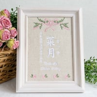 命名書 命名紙 名前旗 ネームボード 刺繍 命名書 フレーム入り クラシカルローズ・ピンク（リネンコットン生地）