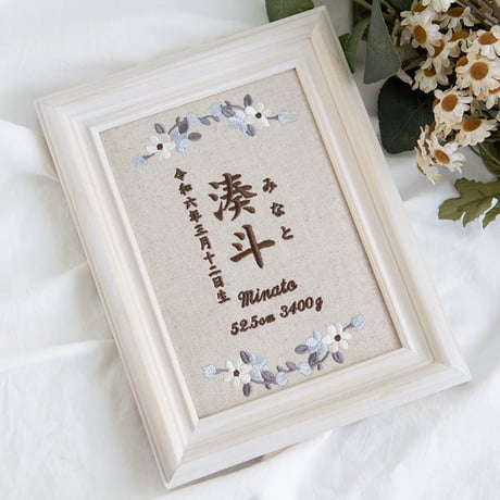 命名書 お七夜 初節句 刺繍 フレーム入り ロンドフルール・ブルー（リネンコットン生地）