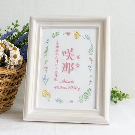 命名書 お七夜 命名式 フレーム入り フラワーピクニック・ピンク（ホワイト生地）