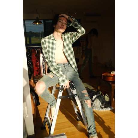 aging effect flannel check shirt