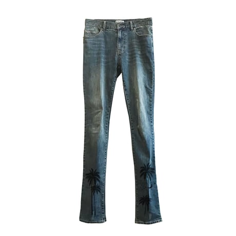 Palm tree print blue skinny denim pants