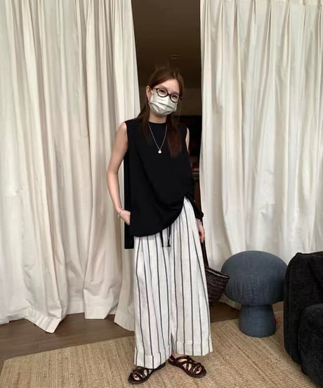 【予約販売】コットンリネン ストライプワイドパンツ