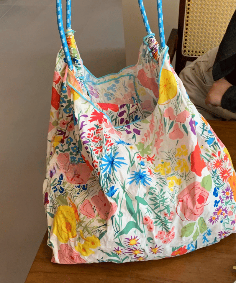 予約販売】ロープハンドルフラワートートバッグ ポケッタブル エコ