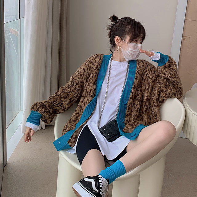 即納】レオパード柄モヘアニットカーディガン#ブルー | KISHIKA 即納】レオパード柄モヘアニットカーディガン#ブルー | KISHIKA