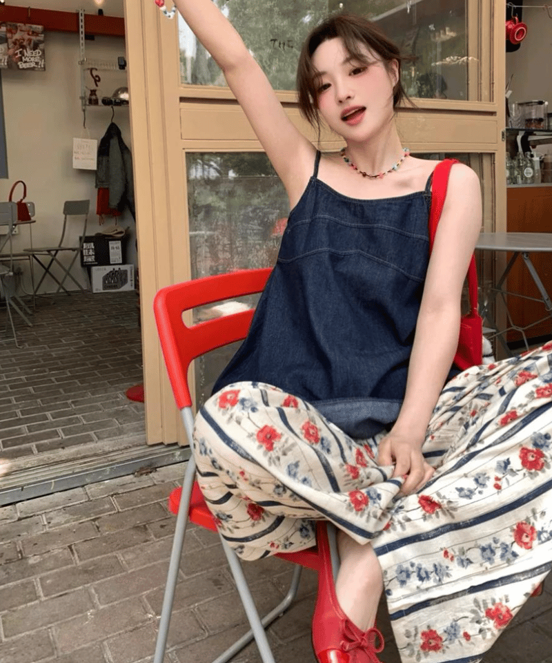 セット割【予約販売】レトロローズ柄ワイドパンツ / デニム