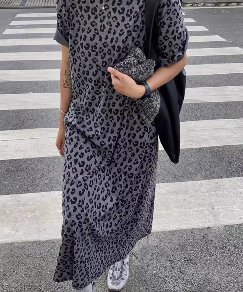 2025秋【予約販売】レオパード柄Tシャツワンピース#グレー | KISHIKA