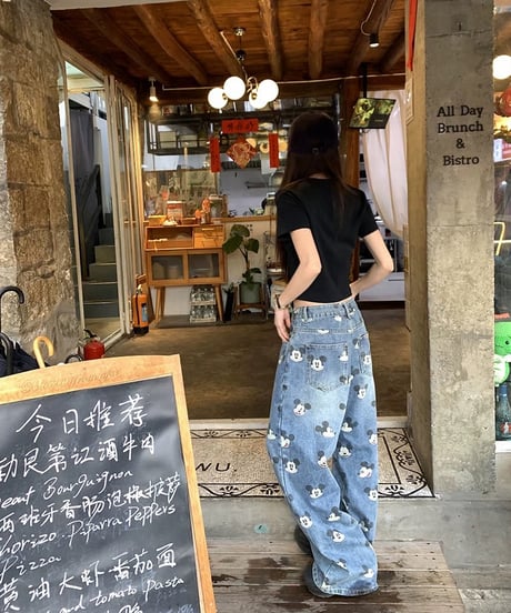【予約販売】ビンテージ加工 ミッキープリントデニムパンツ