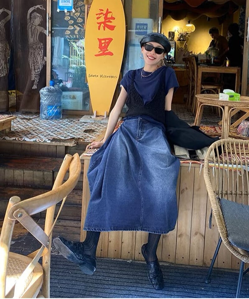 デニムプリーツスカート ライトブルー 予約販売】アシンメトリーサイドプリーツデニムスカート#ライト