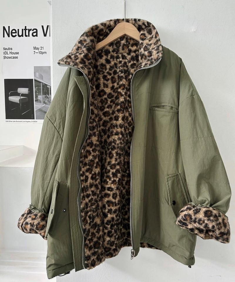 予約販売】リバーシブル レオパード柄ミリタリージャケット #カーキ