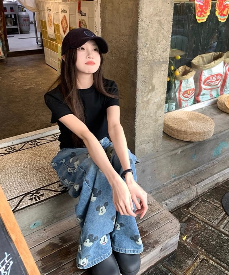 予約販売】ビンテージ加工 ミッキープリントデニムパンツ | KISHIKA
