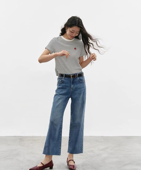 【予約販売】刺繍付アセテートボーダー半袖Tシャツ半袖Tシャツ