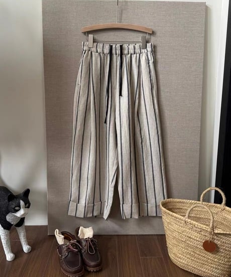 【予約販売】コットンリネン ストライプワイドパンツ