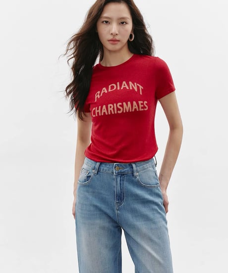 【予約販売】リヨセルリネン混紡レタープリント半袖Tシャツ レッド