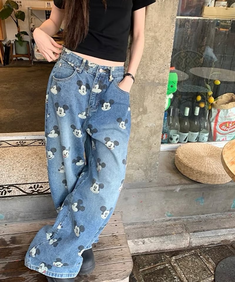 予約販売】ビンテージ加工 ミッキープリントデニムパンツ | KISHIKA