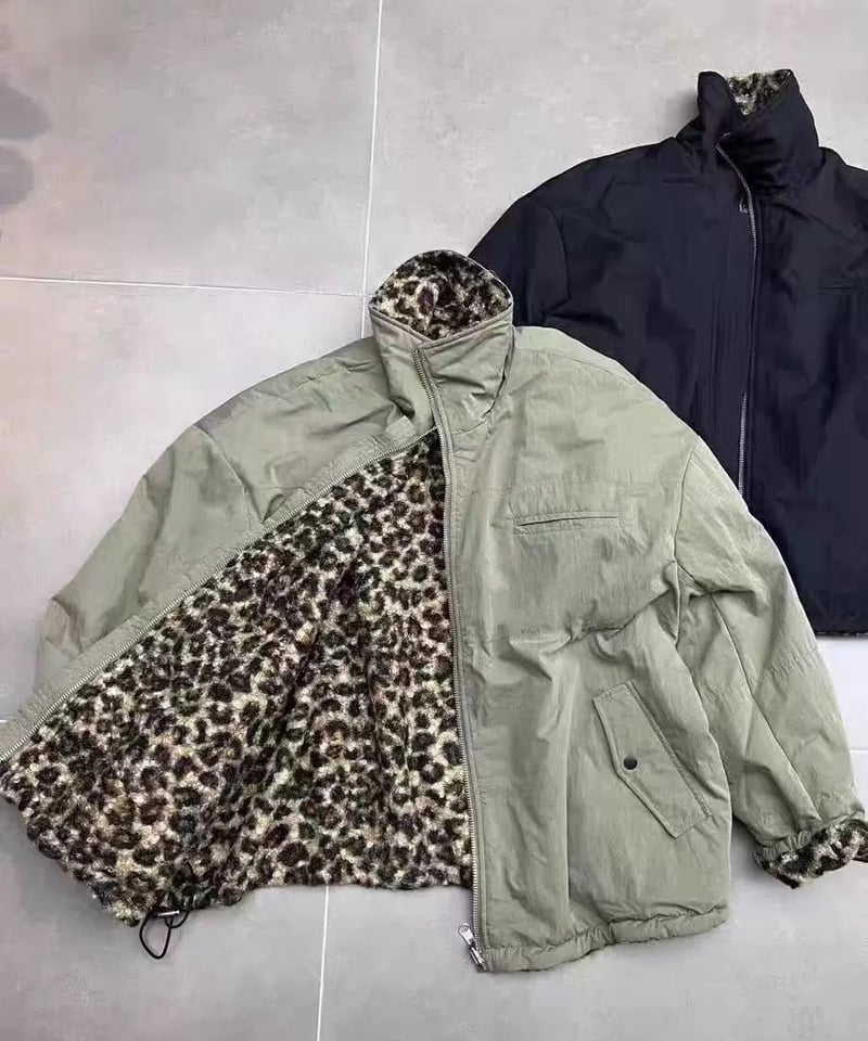 予約販売】リバーシブル レオパード柄ミリタリージャケット #カーキ