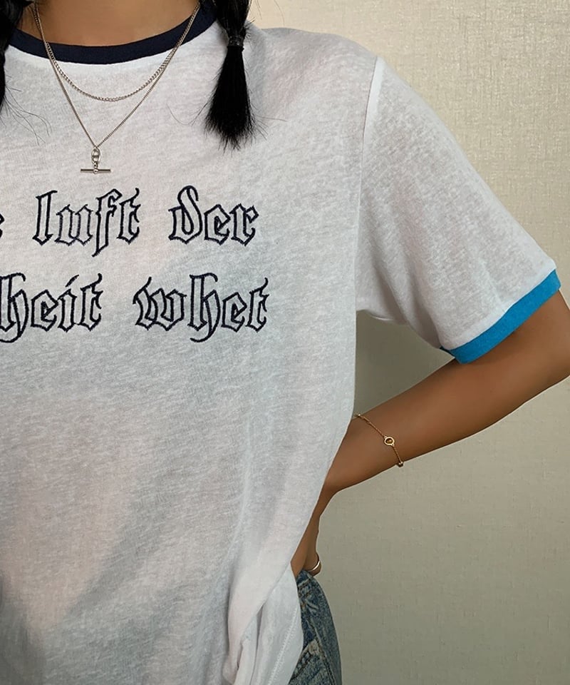 予約販売】刺繍レタリング リンガーTシャツ#グレー | KISHIKA 予約販売】刺繍レタリング リンガーTシャツ#グレー | KISHIKA