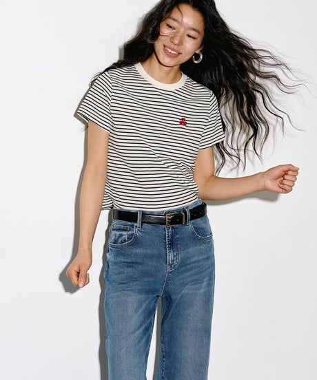【予約販売】刺繍付アセテートボーダー半袖Tシャツ半袖Tシャツ