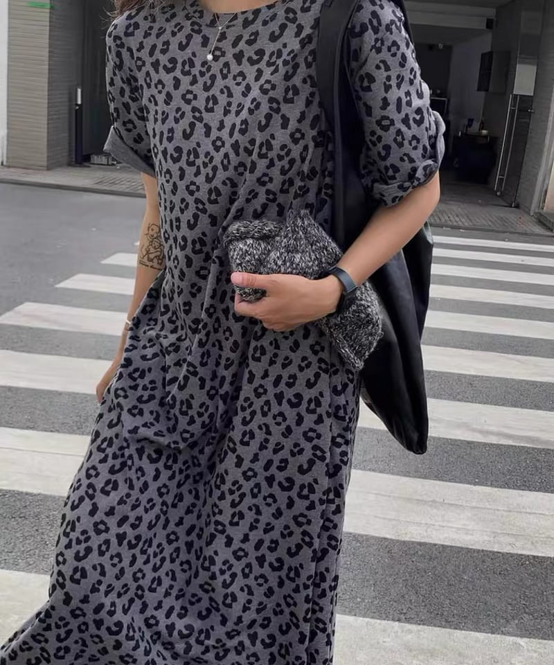 2025秋【予約販売】レオパード柄Tシャツワンピース#グレー | KISHIKA