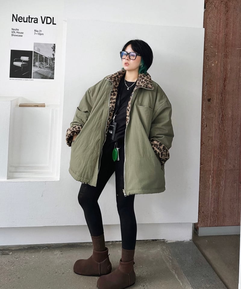 予約販売】リバーシブル レオパード柄ミリタリージャケット #カーキ