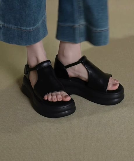 【予約販売】厚底レザーサンダル #ブラック