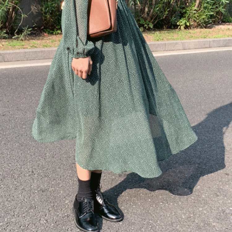 即納】マイクロドット シフォンワンピース グリーン 21815-23