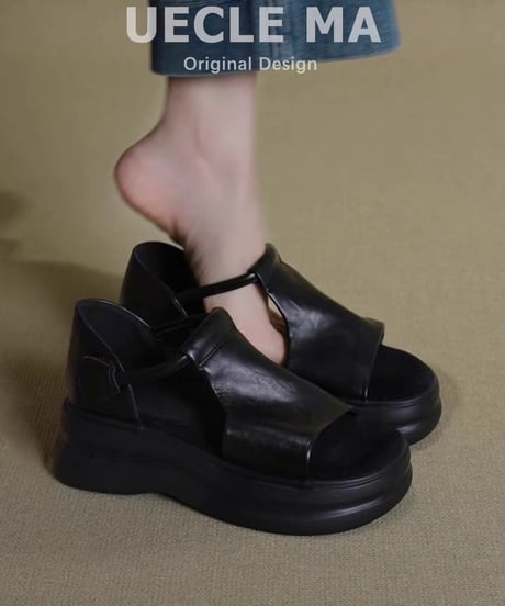 【予約販売】厚底レザーサンダル #ブラック