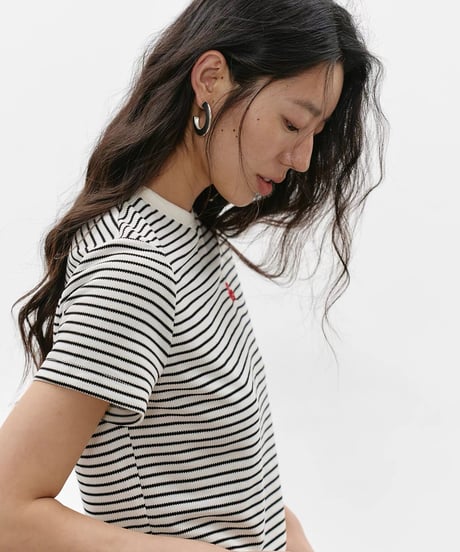 【予約販売】刺繍付アセテートボーダー半袖Tシャツ半袖Tシャツ