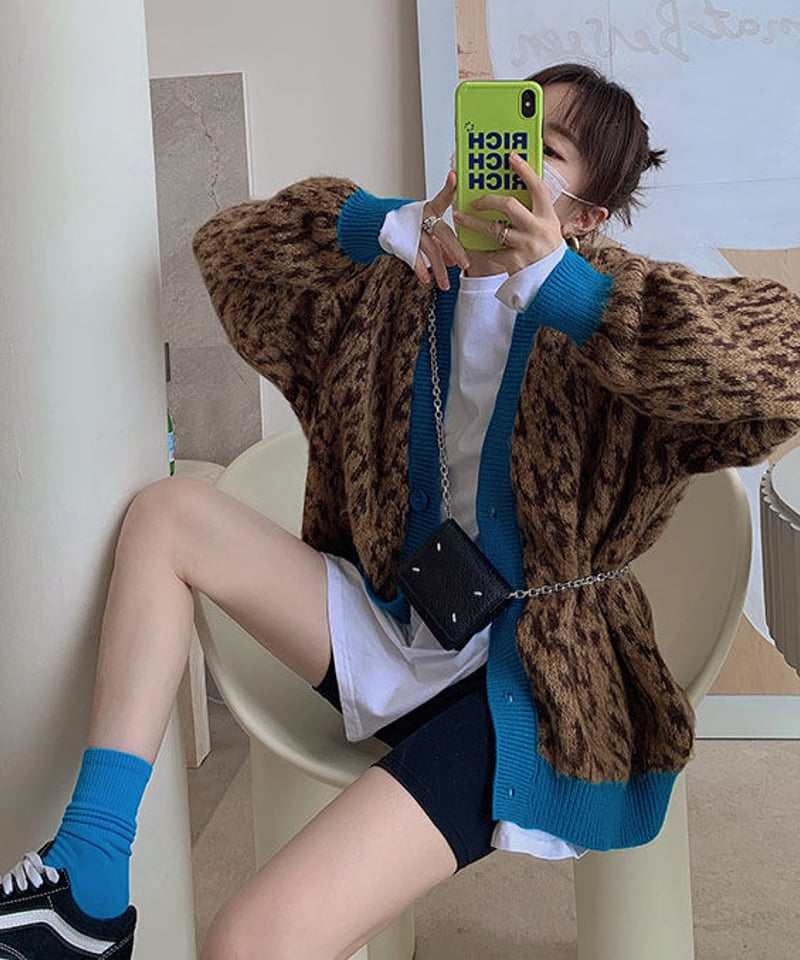 即納】レオパード柄モヘアニットカーディガン#ブルー | KISHIKA 即納】レオパード柄モヘアニットカーディガン#ブルー | KISHIKA