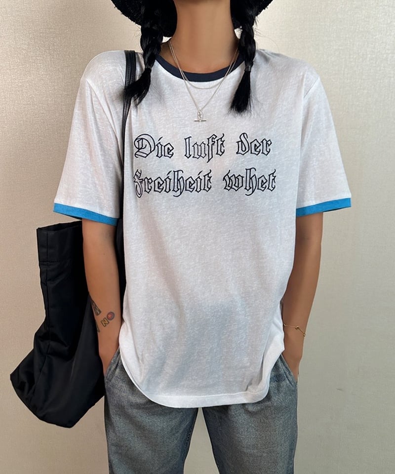 予約販売】刺繍レタリング リンガーTシャツ#グレー | KISHIKA 予約販売】刺繍レタリング リンガーTシャツ#グレー | KISHIKA