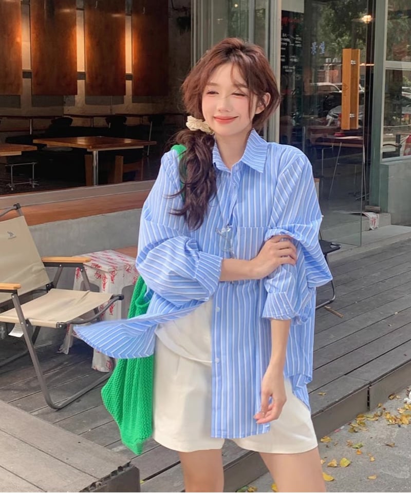 シャツ 長袖 ストライプ レディース オーバーサイズ ブルー 羽織り 韓国 HUG.U（ハグユー） シャツ レディース トップス ストライプ 長袖 羽織