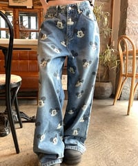 【予約販売】ビンテージ加工 ミッキープリント ワイドデニムパンツ