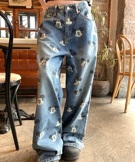 【予約販売】ビンテージ加工 ミッキープリントデニムパンツ