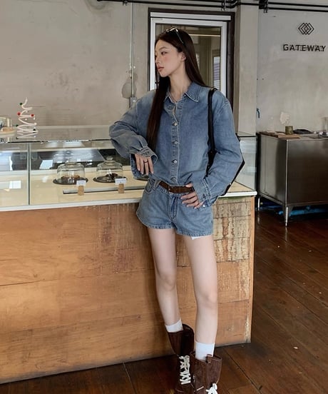 【予約販売】 デニムシャツ / ショートデニムパンツ セットアップ