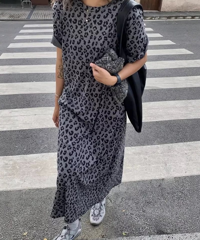 2025秋【予約販売】レオパード柄Tシャツワンピース#グレー | KISHIKA